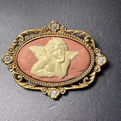 Vintage Vatican Library Collection Angel Cameo Gold Tone Crystal Pin Brooch • $25