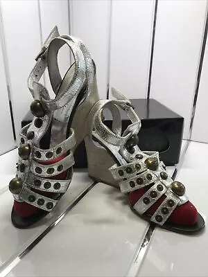 Miss Sixty Shoes Wedge Sandals Size 7 Silver Leather  Miss Sixty Gold Buttons • £15