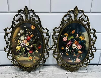 2 Vintage Oval Brass Frame Floral Picture In Convex Bubble Glass Made In Italy. • $99