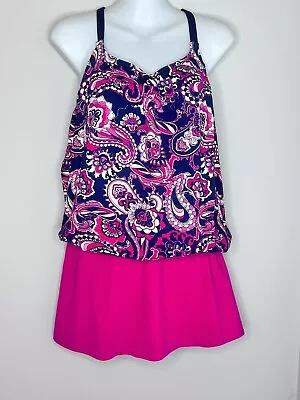 Lands End Sz 8 Mastectomy Swim Tankini Top Swim Skirt Set Paisley Pink • $34.99