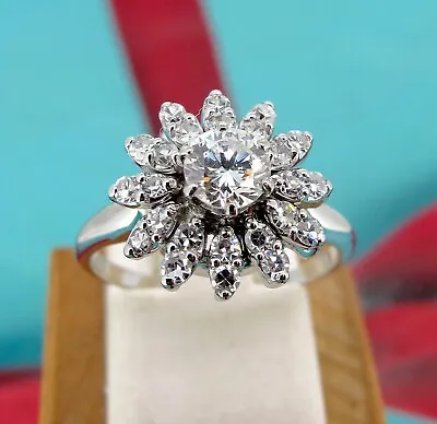 .89 Ctw Diamonds Round Cut 14k White Gold Flower Style Ladies Ring Size 6 • £830.52