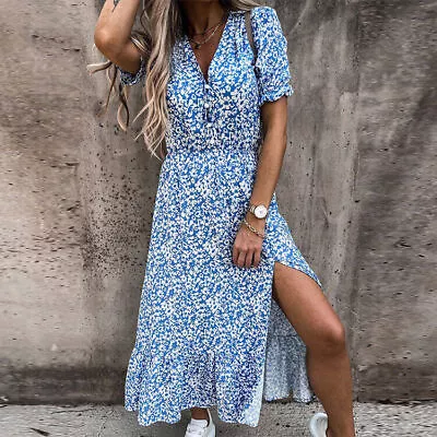 £14.39 • Buy Women Floral Print Midi Dress Short Sleeve Flowy Holiday UK 22 20 18 16 14