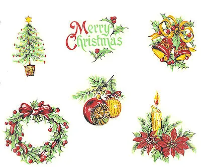 Ceramic Decals Vintage Christmas Designs Wreath Candle Bells Tree Ornament Holly • $2.45