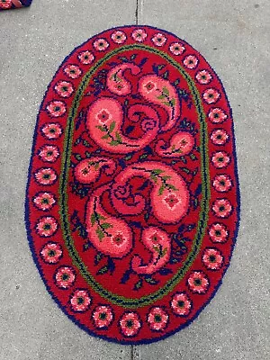 Vintage Oval Latch Hook Vibrant Funky Retro Floral Wool Rug | 59”x36” • $125