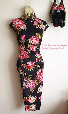 New Karen Millen Black Rose Floral Oriental Fitted Evening Dress 10 *Heels Lstd* • £3.99