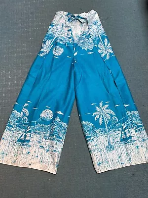 Aqua Blue & White Ocean Print Tie Waist Wide Leg Cropped Goan Hippy Trousers S • £3.99