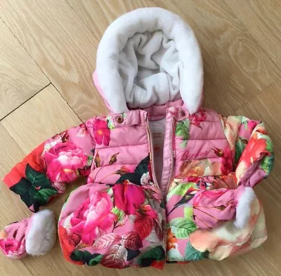 Ted Baker Baby Girl Infant Coat Hooded Padded Pink Red Multi Floral Uk 3/6 Mnth • £13.50