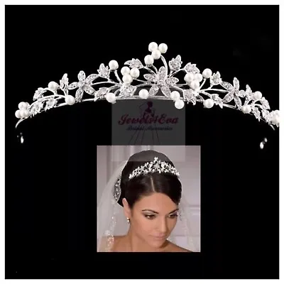 Bridal Wedding Tiara Headband Crystal Pearls With Tiara Box • £15