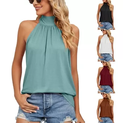 £12.94 • Buy Women Sleeveless Halter  Top T-Shirt Tie Back Mock Neck Pleated Blouses Vest