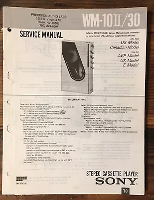 $49.97 • Buy Sony WM-10 Ii WM-30 Cassette Service Manual *Original*