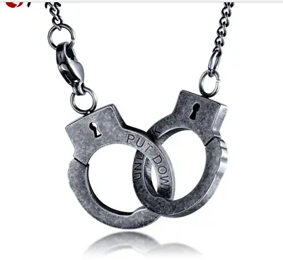 Hip Hop Punk Titanium Stainless Steel Black Put Down Black Handcuff Necklace 27  • $16.50