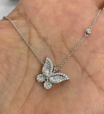 1.50Ct Baguette Cut Lab Created Diamond Butterfly Pendant 14K White Gold Finish • $18