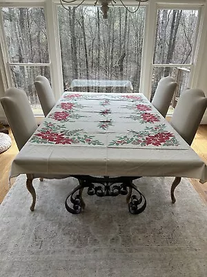 Vintage Christmas Tablecloth Bells Poinsettias Candles Red White 91x59 READ • $25