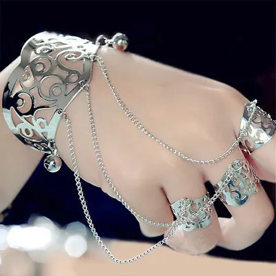 Punk Gothic Silver Slave Chain Hand Harness Wide Finger Ring Bracelet Vintage • £4.67