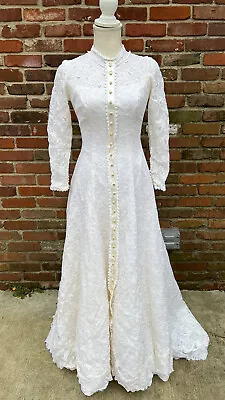 William Cahill Lace Wedding Gown Vintage 70s Prairie Dress High Neck Cottage • $99