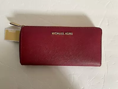 Michael Kors Jet Set Zip Around Continental Leather Wallet In Cherry $178 Nwts • $55