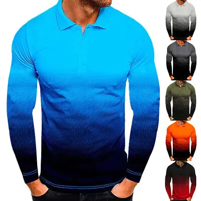 Men Gradient Long Sleeve Polo Shirt Buttons Casual Pullover Tops Slim Fit Shirt • £13.89