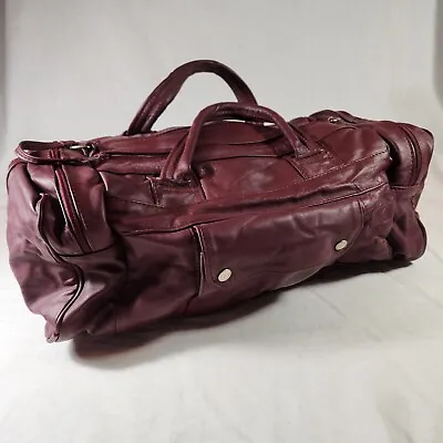 Vintage Unisex Burgundy Heavy Leather Overnighter Duffle Gym Bag • $29.99