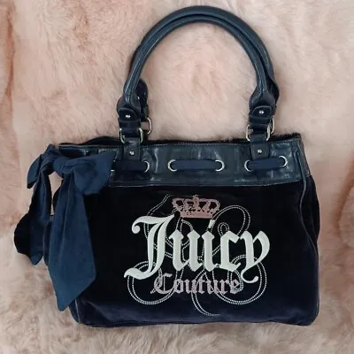 Juicy Couture Blue Velour Bag Purse Daydreamer Vintage Bow Ribbon Crown Glitter • $250