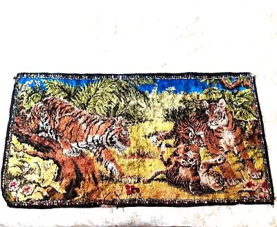 Vintage Velvet Carpet Wall Tapestry Bengal Tiger Family & Cubs 38x20 DAMAGE READ • $18