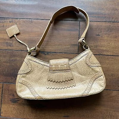 Via Spiga Tan Pebbled Leather Boho Shoulder Handbag Fringe Zip Magnet Clasp • $24.99