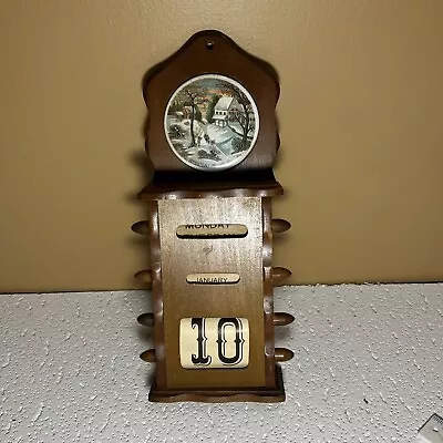 Vintage Wooden Enesco Perpetual Paper Rolling Dates Calendar Ceramic Insert • $40