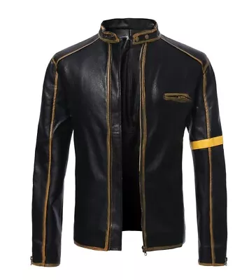 Men Motorcycle Leather Jacket Stand Collar Punk Casual Coats Printing Outwear • $37.19