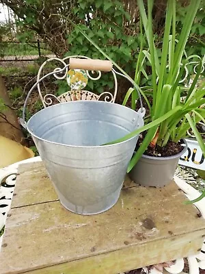 Small Vintage Galvanised Metal Bucket Wooden Handle • £9.99