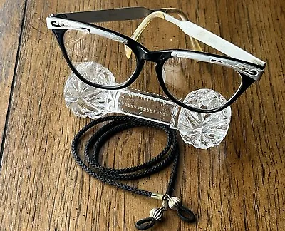 Vintage Cat Eye USA 5 1/2  Eyeglasses Silver & Black Frames & Vintage Neck Strap • $35
