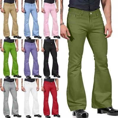 Men Trousers Flared Leg Disco Pants Men's Retro Holiday Mid Waist Bell Bottom • $28.53