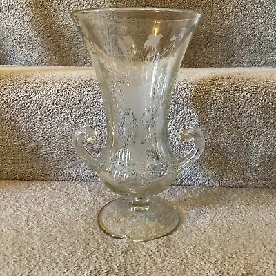 Vintage Double Handle Urn Vase Floral Clear Etched Design • $15