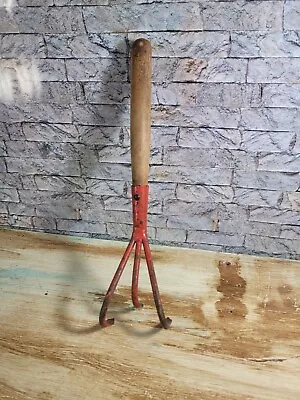 Vintage Antique Garden Hand Cultivator Rake 3 Prong Wood Handle England Rustic • $49.99