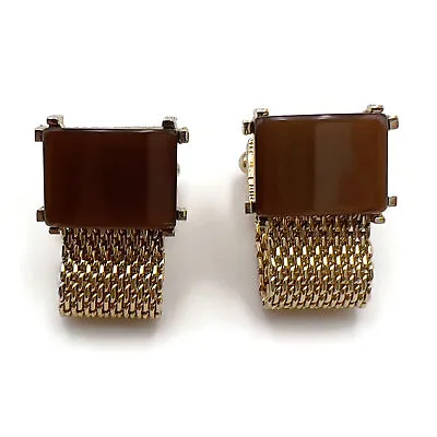 Vintage Swank Gold Tone Mesh Wrap Brown Rectangle Acrylic Stone Cuff Links • $20