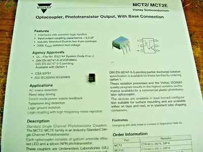 1 NOS MCT2 Optocoupler Phototransistor Output W Base Conn 6 Pin DIP 5300Vrms Iso • $4.35