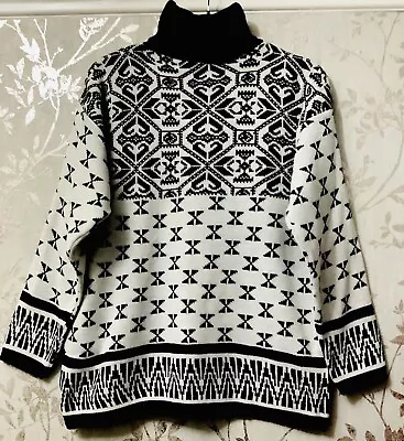 Ladies Jacquard Knit Pattern Black White Roll  Neck Oversized Jumper Size 16 • £16.50
