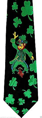 Happy Leprechaun Mens Necktie St Patrick's Day Irish Shamrock Black Neck Tie  • $14.95