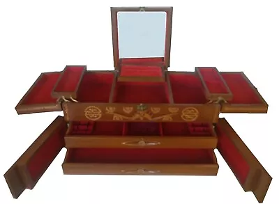 Vintage Large Wood Jewelry Box Mele Style Red Velvet Drawers Mirror 4 Tier Chest • $199.99