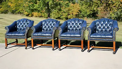 Vintage Leather Swivel Office Desk Chairs Blue Club Chairs Wood Legs Set Of 4 • $2000