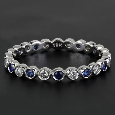 New Jolie 18K White Gold Stackable Diamond & Sapphire Eternity Anniversary Ring • $765.59