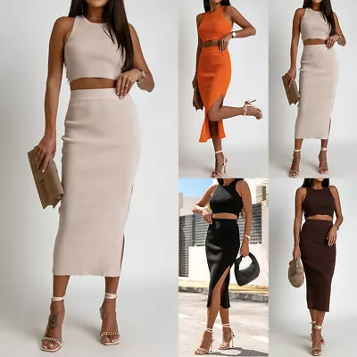 2PCS Women Tank Tops Vest Maxi Skirt Summer Co-ord Set Casual Dress Outfit Suit • £4.19