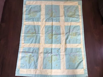 Vintage Light Green & Yellow Patchwork Baby Quilt Hand Embroidered Prayer (I 70) • $16.49