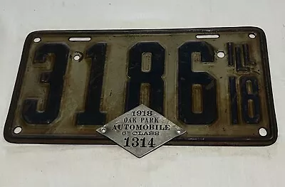 Antique 1918 Illinois License Plate W Oak Park City Tax Tag. Low Number Original • $86