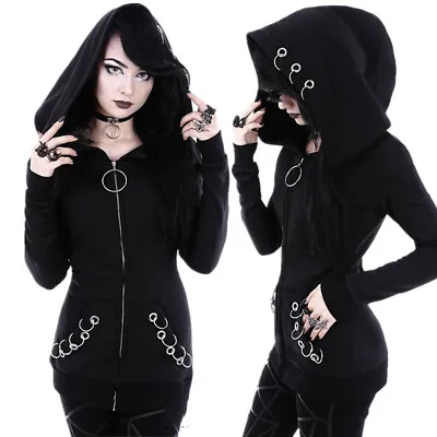 Women Hoodie Sweatshirt Gothic Punk Long Sleeve Ring Hooded Zipper Jackets Tops • £12.99