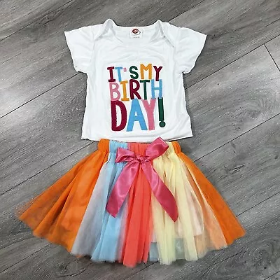 Toddler Girl Sewn ITS MY BIRTHDAY Print Multi T-Shirt & Tutu W Bow Sz 100 2-3T • $15