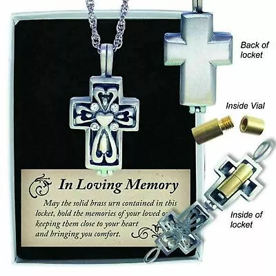 Memorial Locket Necklace Cross Ash Urn W Crystals Memory Keepsake • $23.99