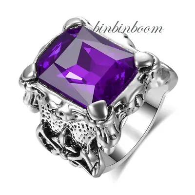 Viking Vintage Axe Purple Stone Signet Ring Stainless Steel Silver Size 7-13 • $13.98