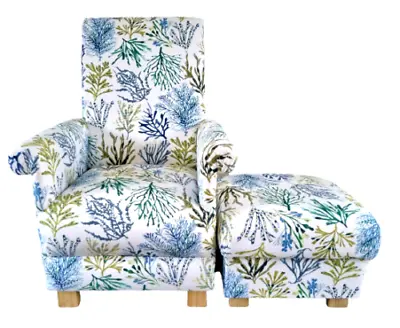 Prestigious Coral Seaweed Fabric Adult Chair & Footstool Accent Coastal Blue New • £335.99