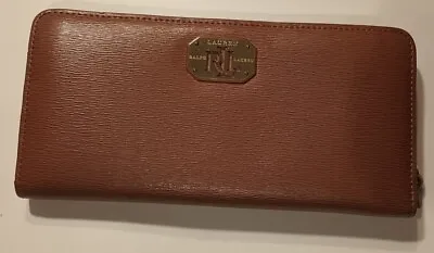 Lauren Ralph Lauren RLL Brown Leather Slim ID Card Wallet Clutch Zipper Check Bk • $29.99