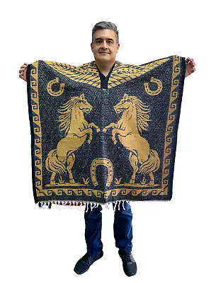 Mexican Poncho  Horse  Blanket Sarape Gaban one Size  Black & Gold • $38