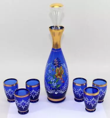 Vintage Venetian Murano Italian Cobalt Blue Cordial Decanter Set & 6 Glasses • $59.99